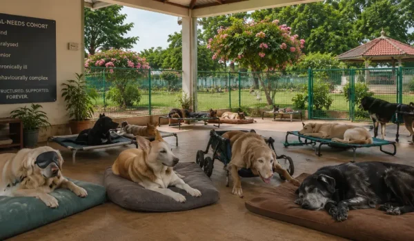 Special-needs dogs resting safely inside a VOSD Sanctuary enclosure